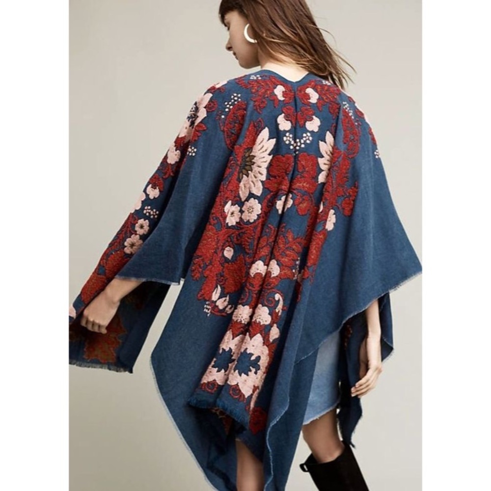 Anthropologie Blue Red Pink Embroidered Floral Kimono Jacket Shawl O/S NWOT